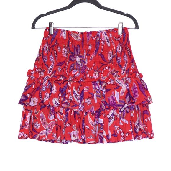 SUNDRY Floral Tiered Skirt Red Smocked Ruffle Lightweight Women's 1 / US S - Picture 1 of 14